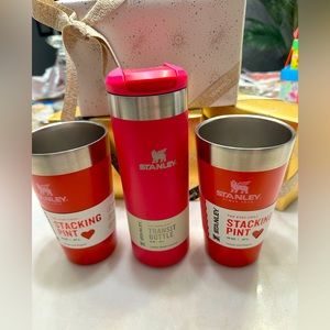 Stanley Cup Target Trio. set of red pint cups and Pink Stanley Transit Bottle